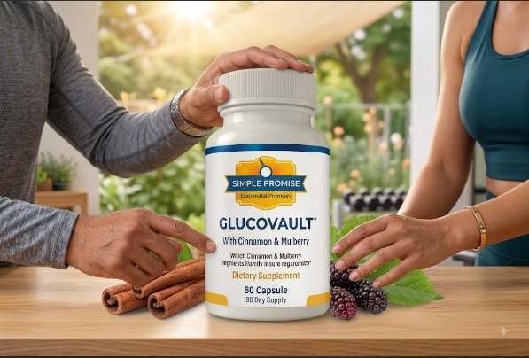 Couple holding GlucoVault Blood Sugar Capsules bottle in a bright kitchen