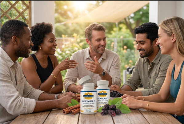 Friends discussing GlucoVault Blood Sugar Capsules around a wooden table